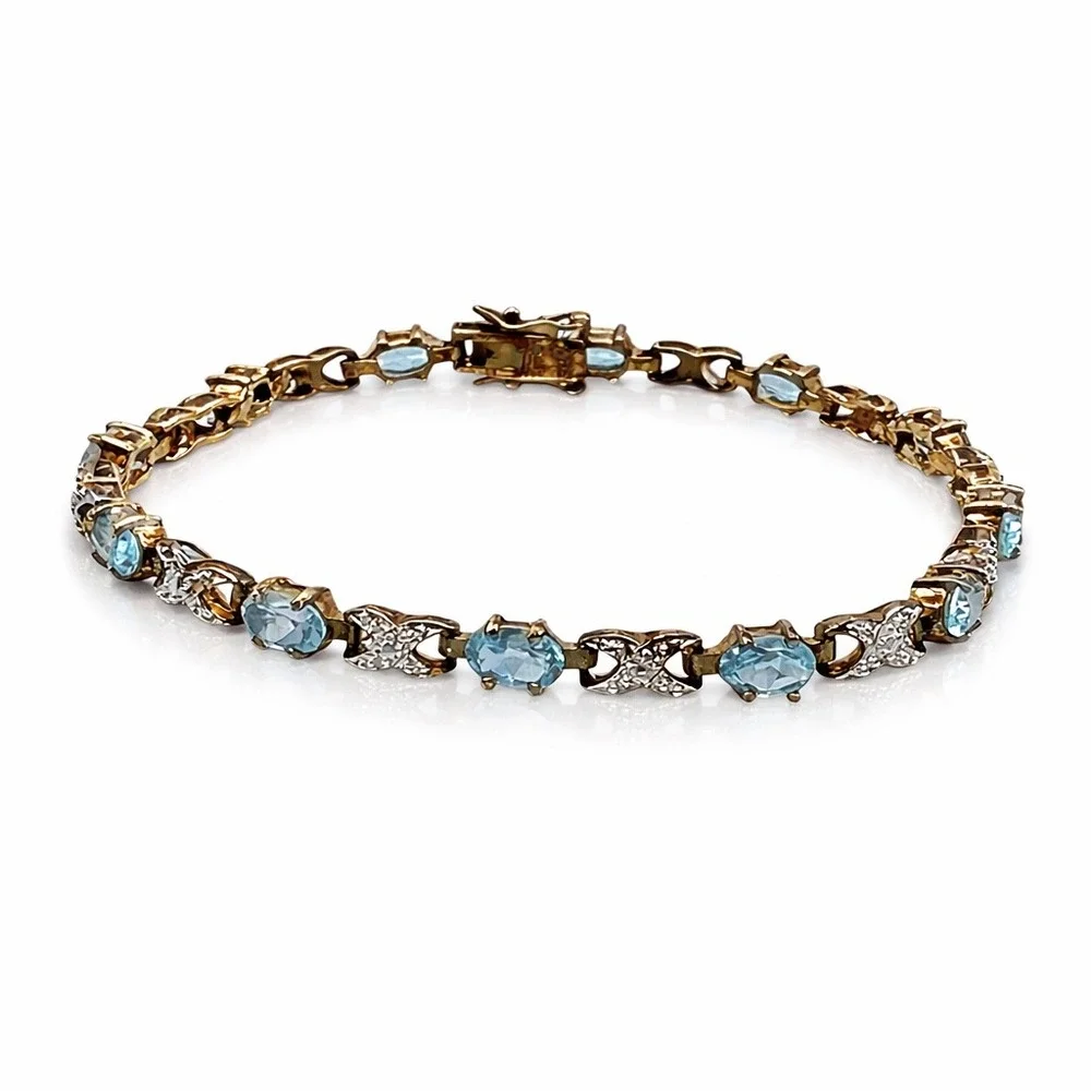 Sterling Silver Blue Topaz XO Hugs & Kisses Gold Tone‎ Tennis Bracelet 6.5 Inch